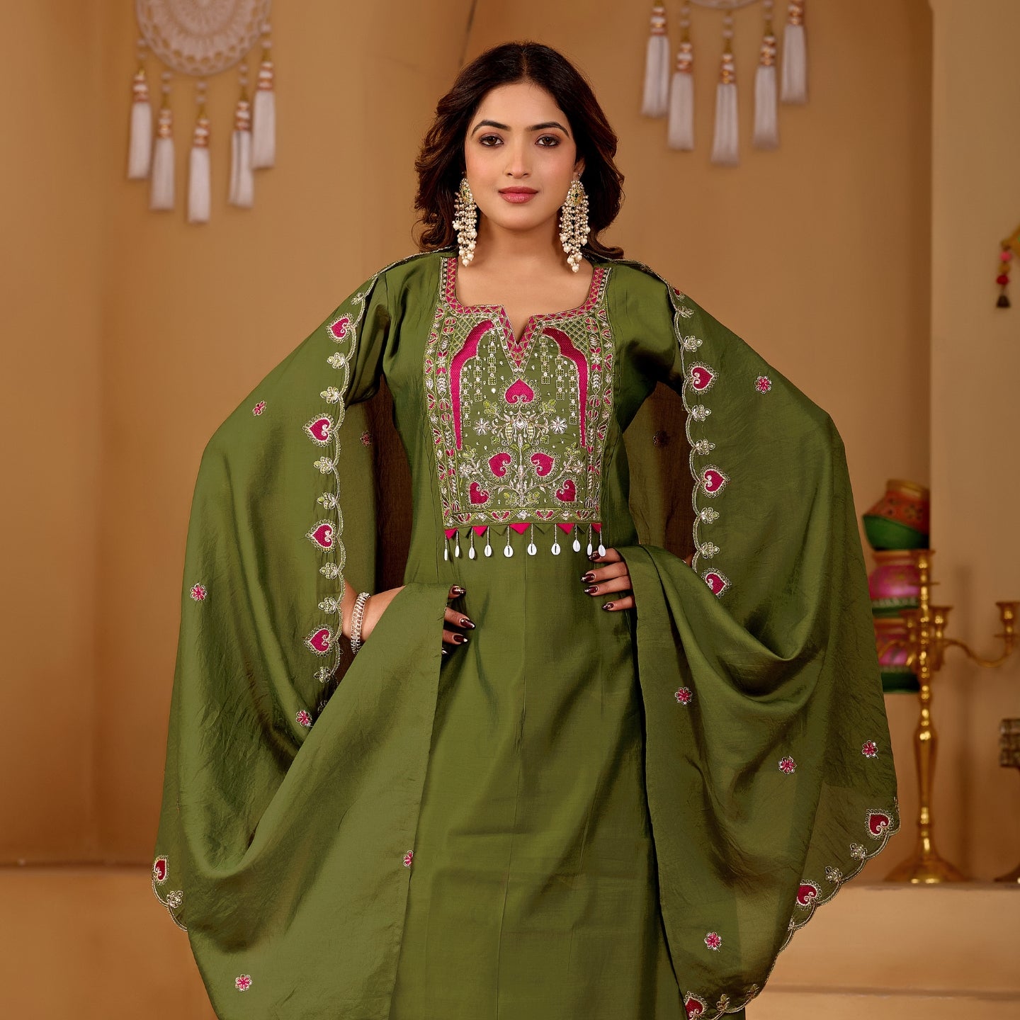 Mehendi Majesty Two-Tone Roman Silk Anarkali Kurta Set with Embroidery & Dupatta | Mehendi Majesty Festive Edition