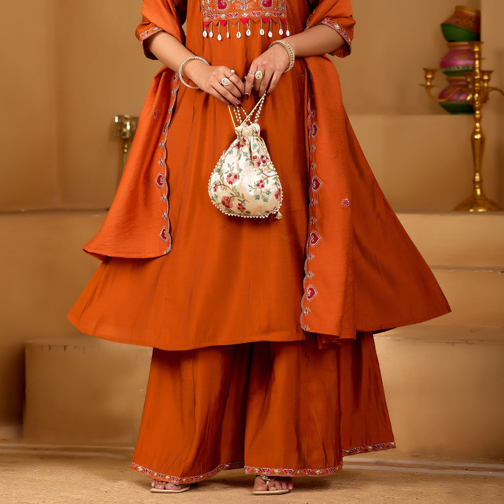 Royal Rust Orange Two-Tone Roman Silk Anarkali Kurta Set with Embroidery & Dupatta | Rust Orange Festive Edition