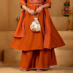 Royal Rust Orange Two-Tone Roman Silk Anarkali Kurta Set with Embroidery & Dupatta | Rust Orange Festive Edition