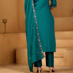 Festive Teal Green Silk 3-Piece Kurta Pant Set with Dupatta