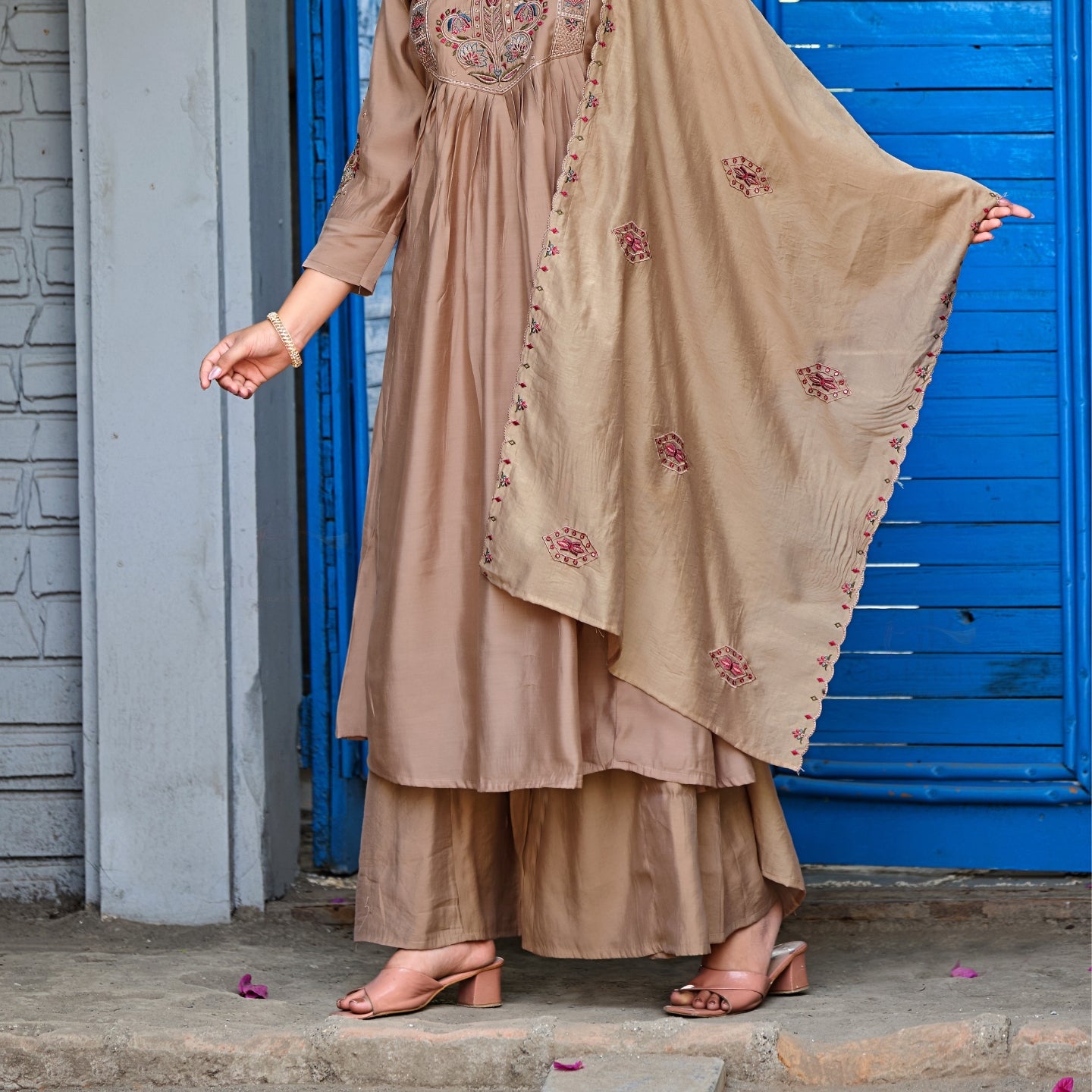 Mocha Beige Roman Silk Intricate Embroidery Kurta Palazzo Set with Dupatta