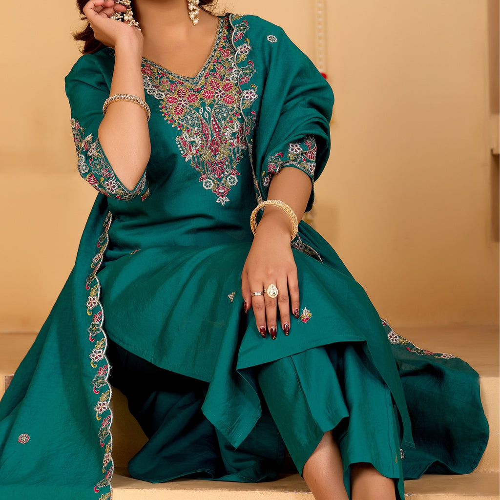 Festive Teal Green Silk 3-Piece Kurta Pant Set with Dupatta