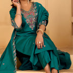 Festive Teal Green Silk 3-Piece Kurta Pant Set with Dupatta