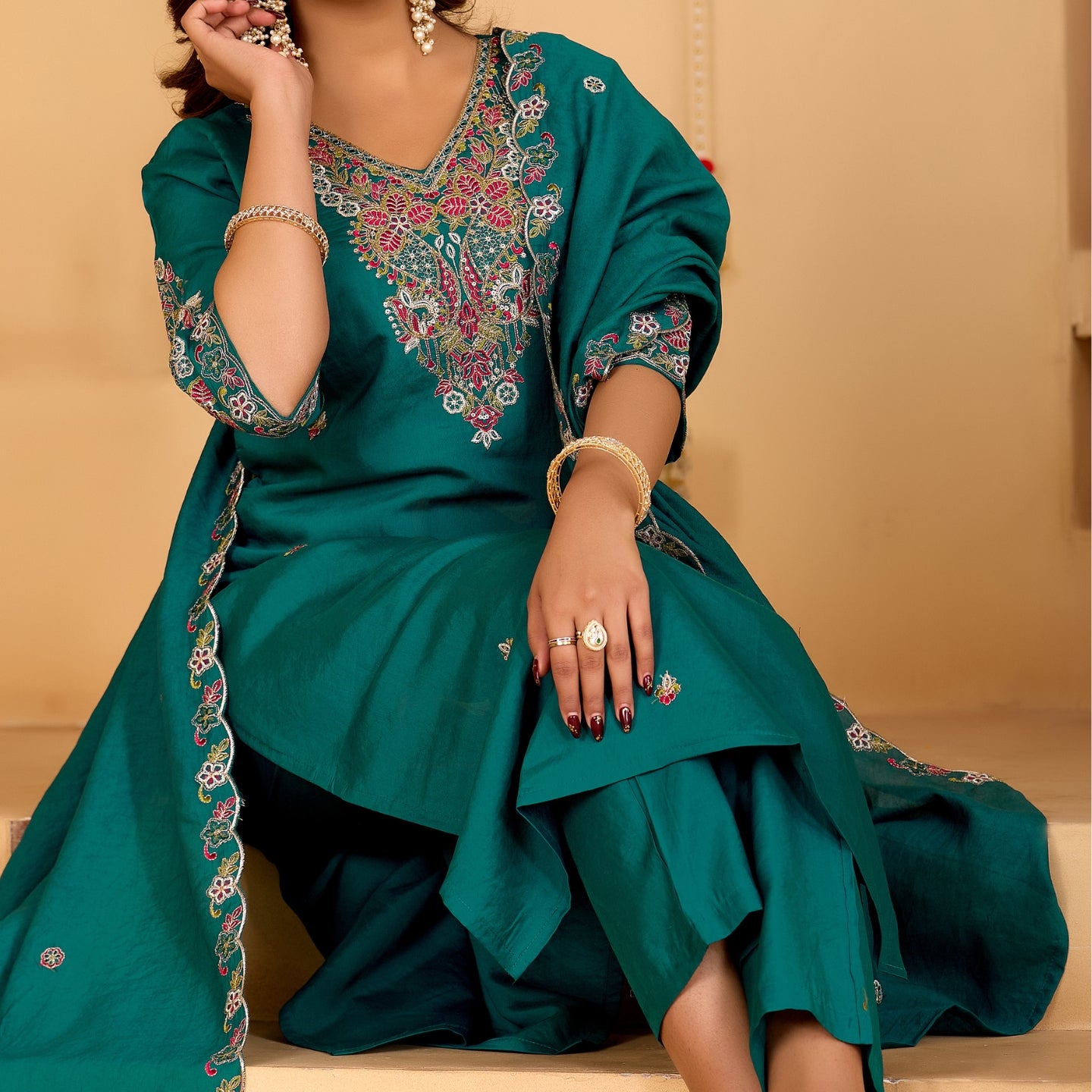 Festive Teal Green Silk 3-Piece Kurta Pant Set with Dupatta