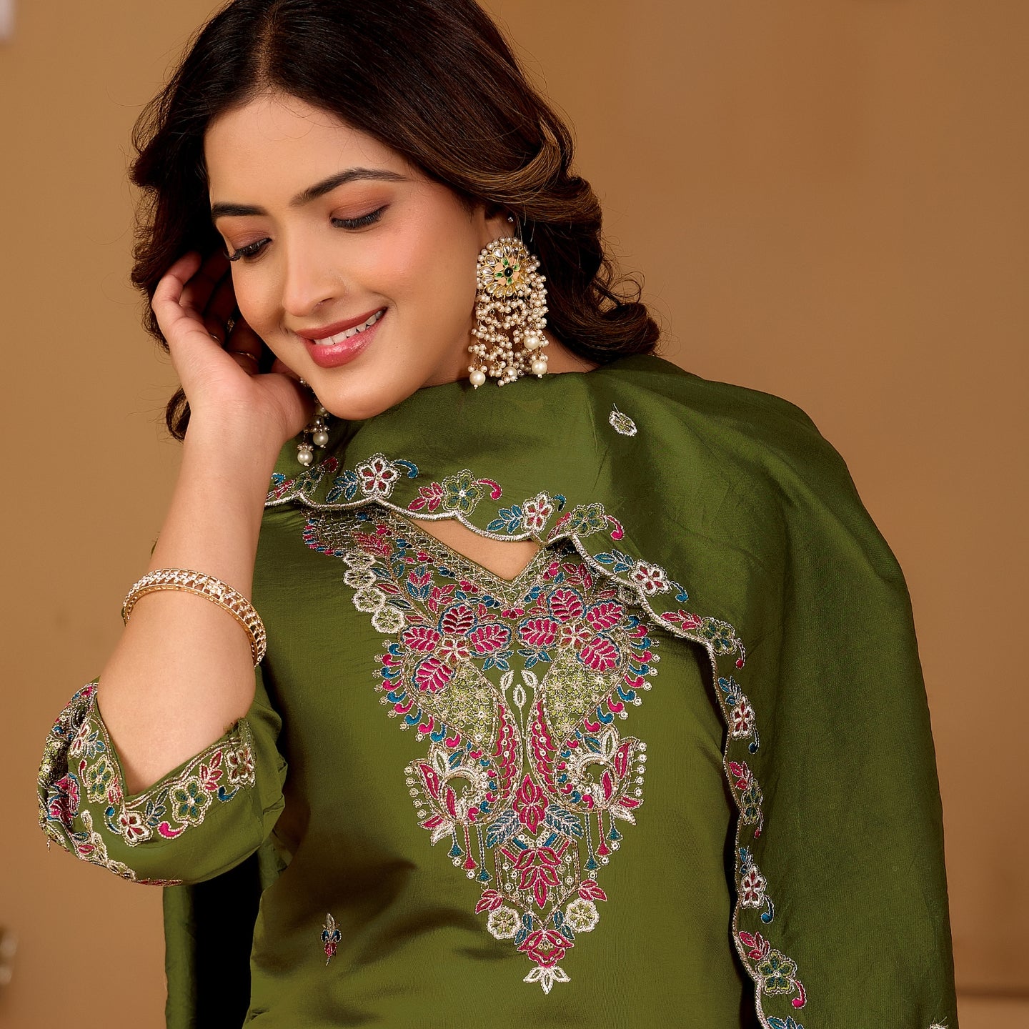 Festive Olive Green Silk 3-Piece Kurta Pant Set with Dupatta