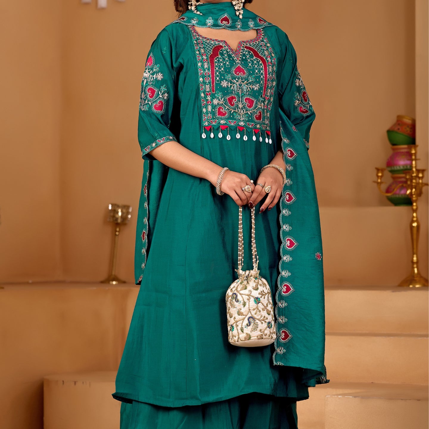 Royal Teal Green Two-Tone Roman Silk Anarkali Kurta Set with Embroidery & Dupatta | Festive Edition