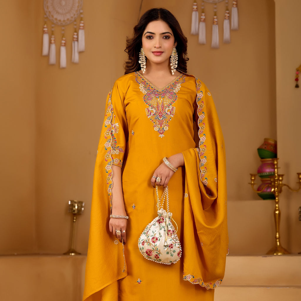 Festive Mustard Yellow Silk 3-Piece Kurta Pant Set with Dupatta