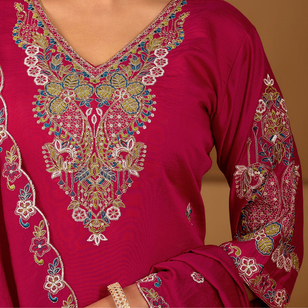 Festive Rani Pink Silk 3-Piece Kurta Pant Set with Dupatta