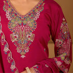 Festive Rani Pink Silk 3-Piece Kurta Pant Set with Dupatta