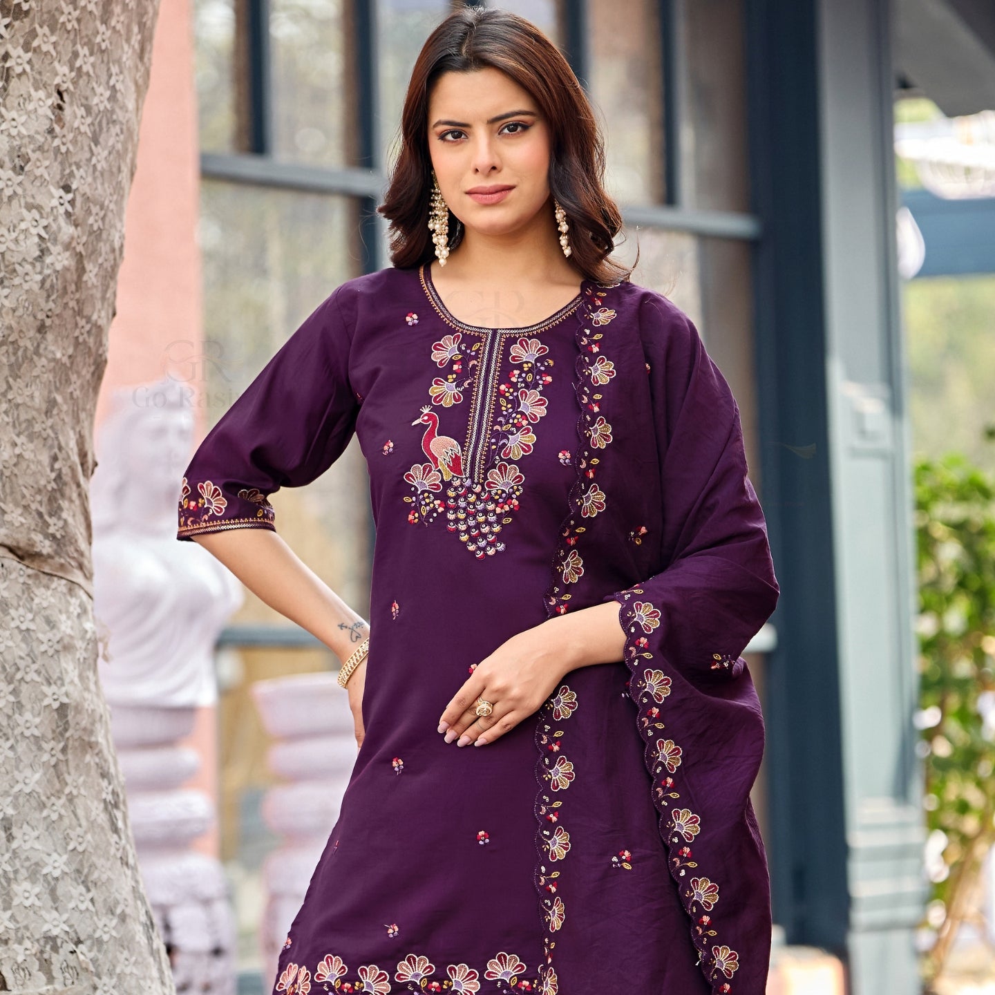 Mayura | Roman Silk Peacock Embroidered Kurta Palazzo Set with Dupatta Purple