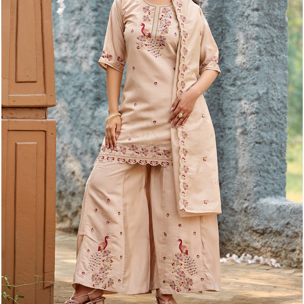 Mayura | Roman Silk Peacock Embroidered Kurta Palazzo Set with Dupatta Cream