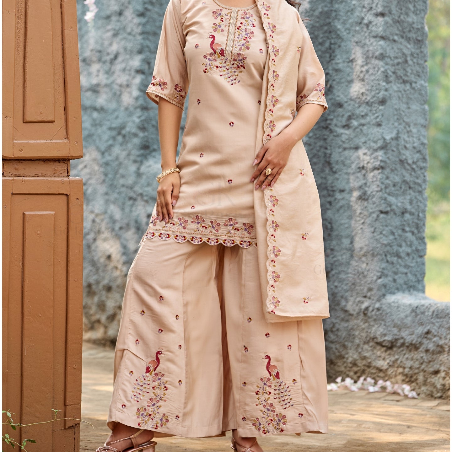 Mayura | Roman Silk Peacock Embroidered Kurta Palazzo Set with Dupatta Cream