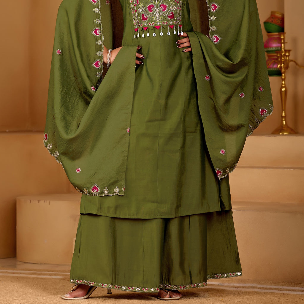 Mehendi Majesty Two-Tone Roman Silk Anarkali Kurta Set with Embroidery & Dupatta | Mehendi Majesty Festive Edition