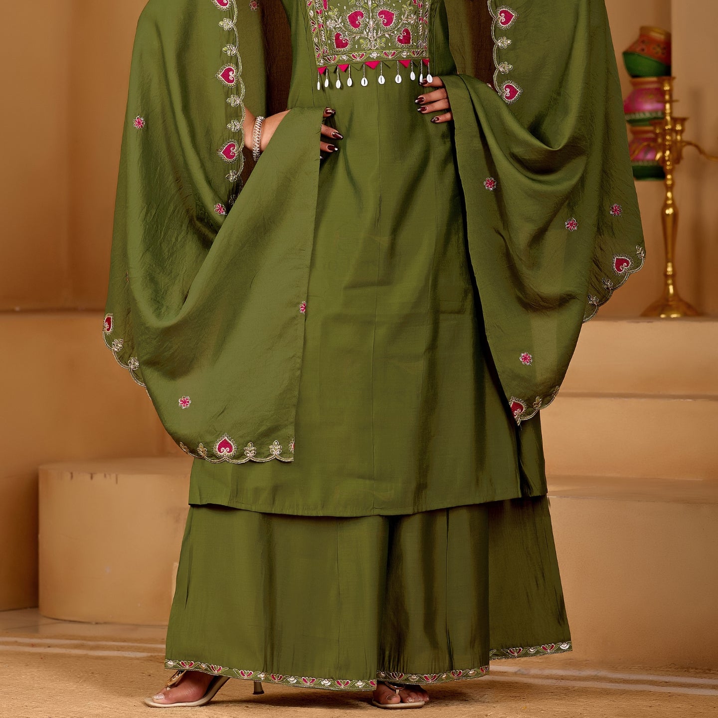 Mehendi Majesty Two-Tone Roman Silk Anarkali Kurta Set with Embroidery & Dupatta | Mehendi Majesty Festive Edition