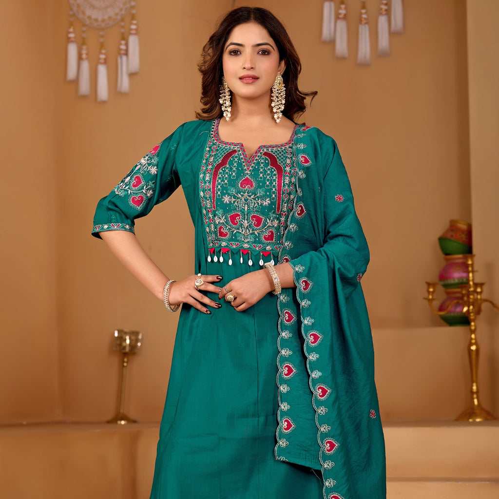 Royal Teal Green Two-Tone Roman Silk Anarkali Kurta Set with Embroidery & Dupatta | Festive Edition