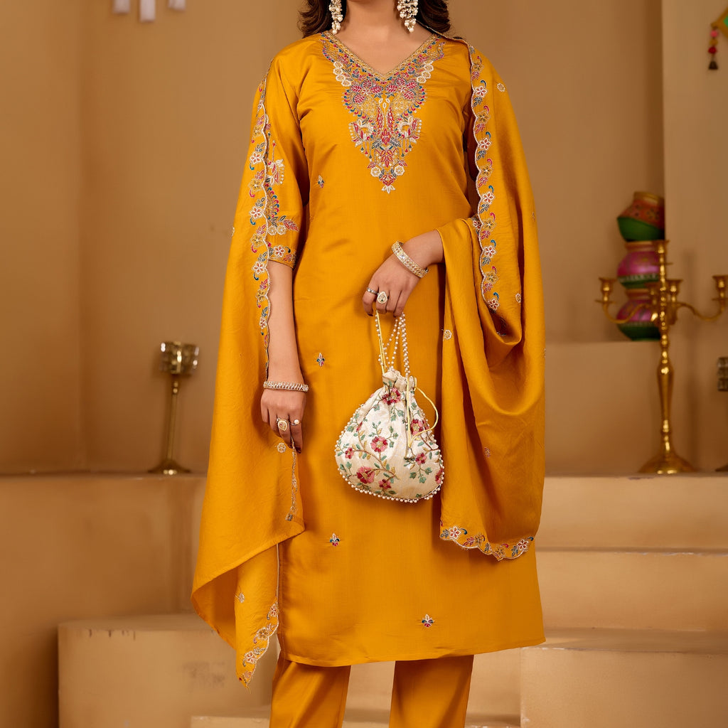 Festive Mustard Yellow Silk 3-Piece Kurta Pant Set with Dupatta