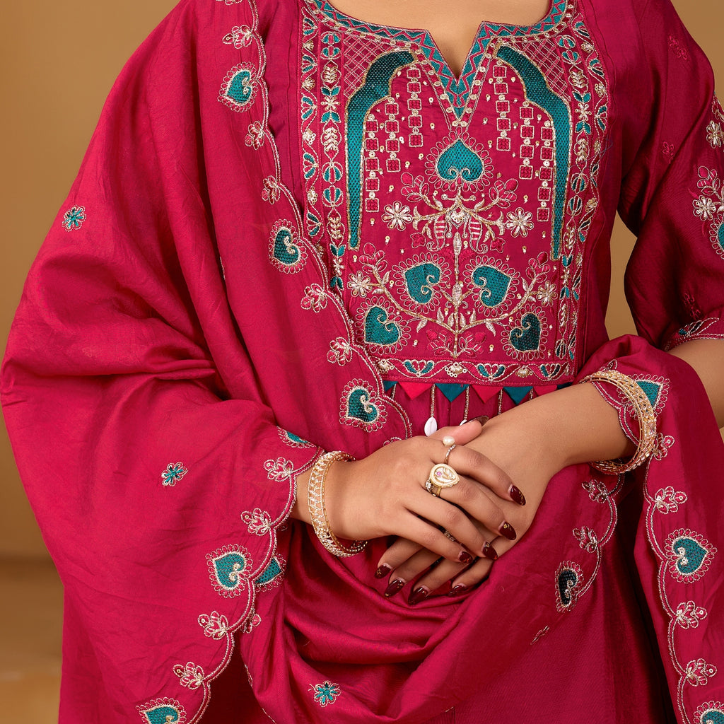 Rani Radiance Two-Tone Roman Silk Anarkali Kurta Set with Embroidery & Dupatta | Rani Radiance Festive Edition