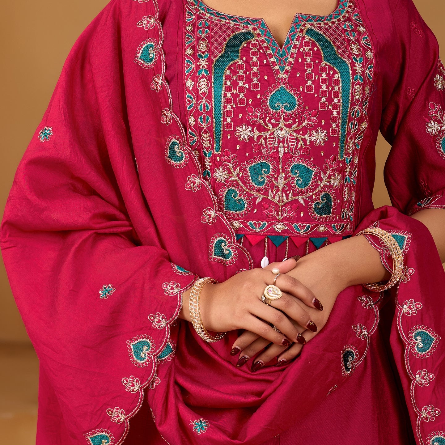 Rani Radiance Two-Tone Roman Silk Anarkali Kurta Set with Embroidery & Dupatta | Rani Radiance Festive Edition