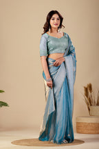 Luminous Rama Blue Tissue Silk Saree with Sequins Embroidered Blouse