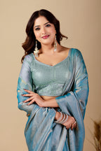 Luminous Rama Blue Tissue Silk Saree with Sequins Embroidered Blouse