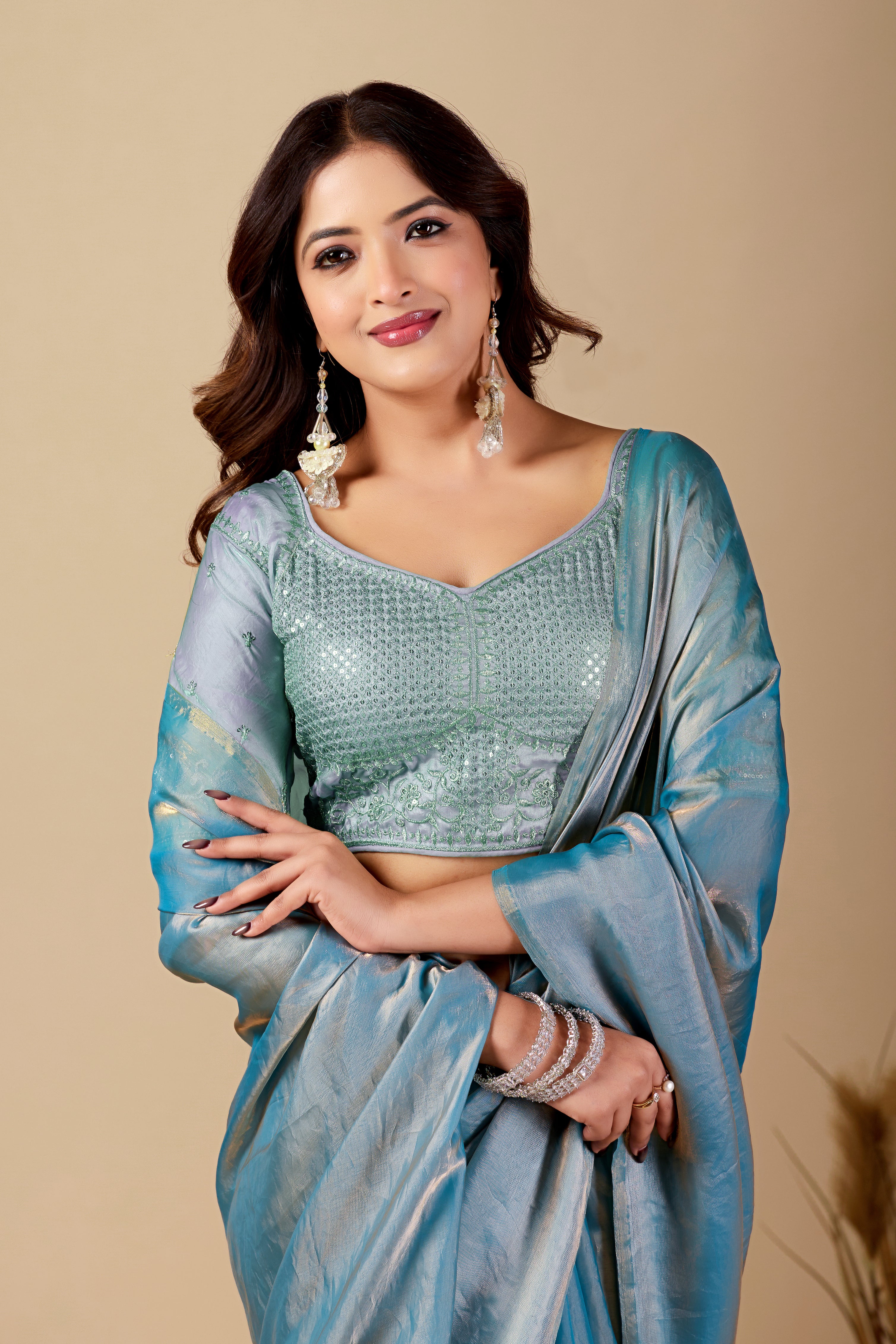 Luminous Rama Blue Tissue Silk Saree with Sequins Embroidered Blouse