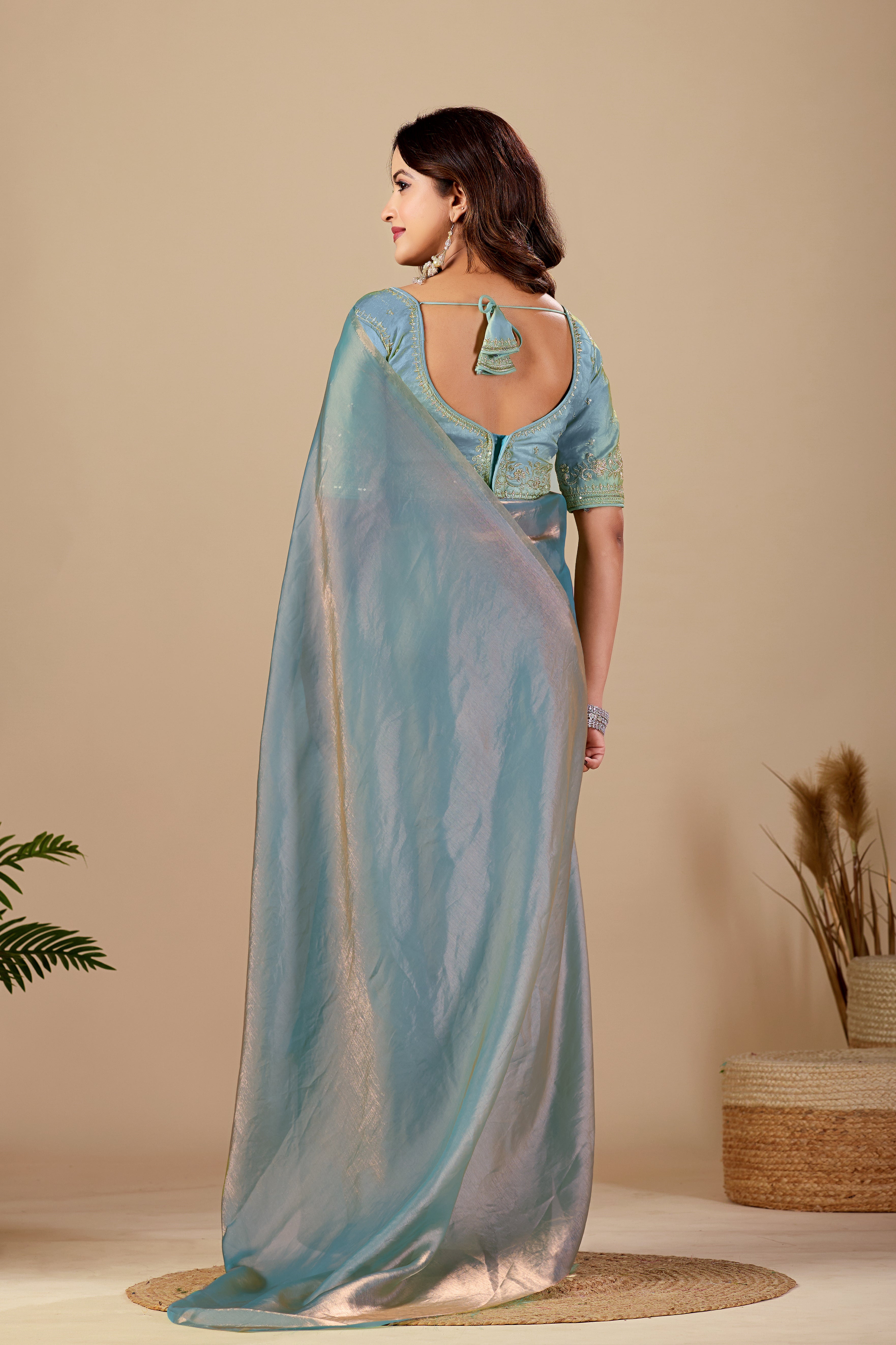 Luminous Rama Blue Tissue Silk Saree with Sequins Embroidered Blouse