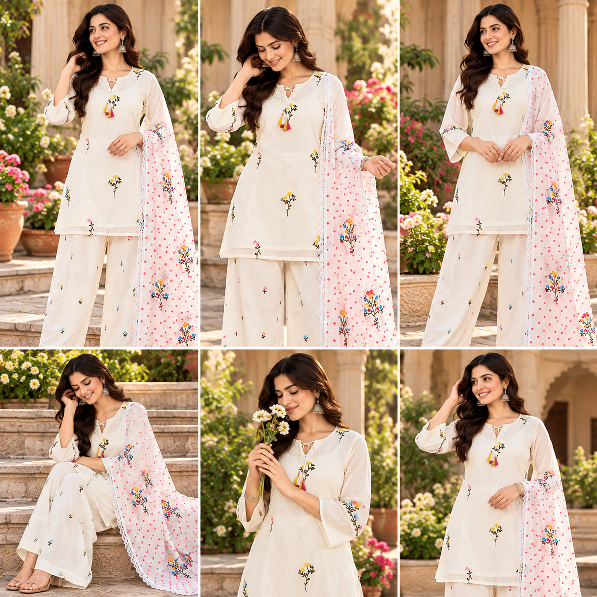 Premium Cream Mull Chanderi Embroidered Kurta Farshi Salwar Set with Printed Dupatta for Women