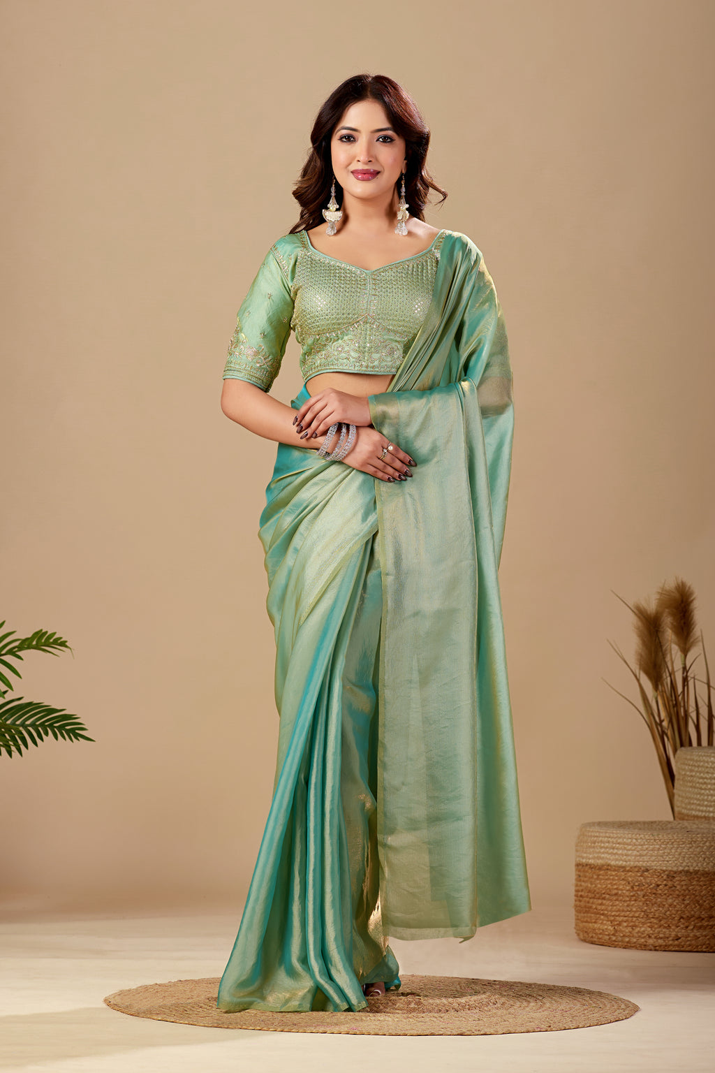 Shimmering Rama Green Tissue Silk Saree with Sequins Embroidered Blouse