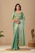 Shimmering Rama Green Tissue Silk Saree with Sequins Embroidered Blouse
