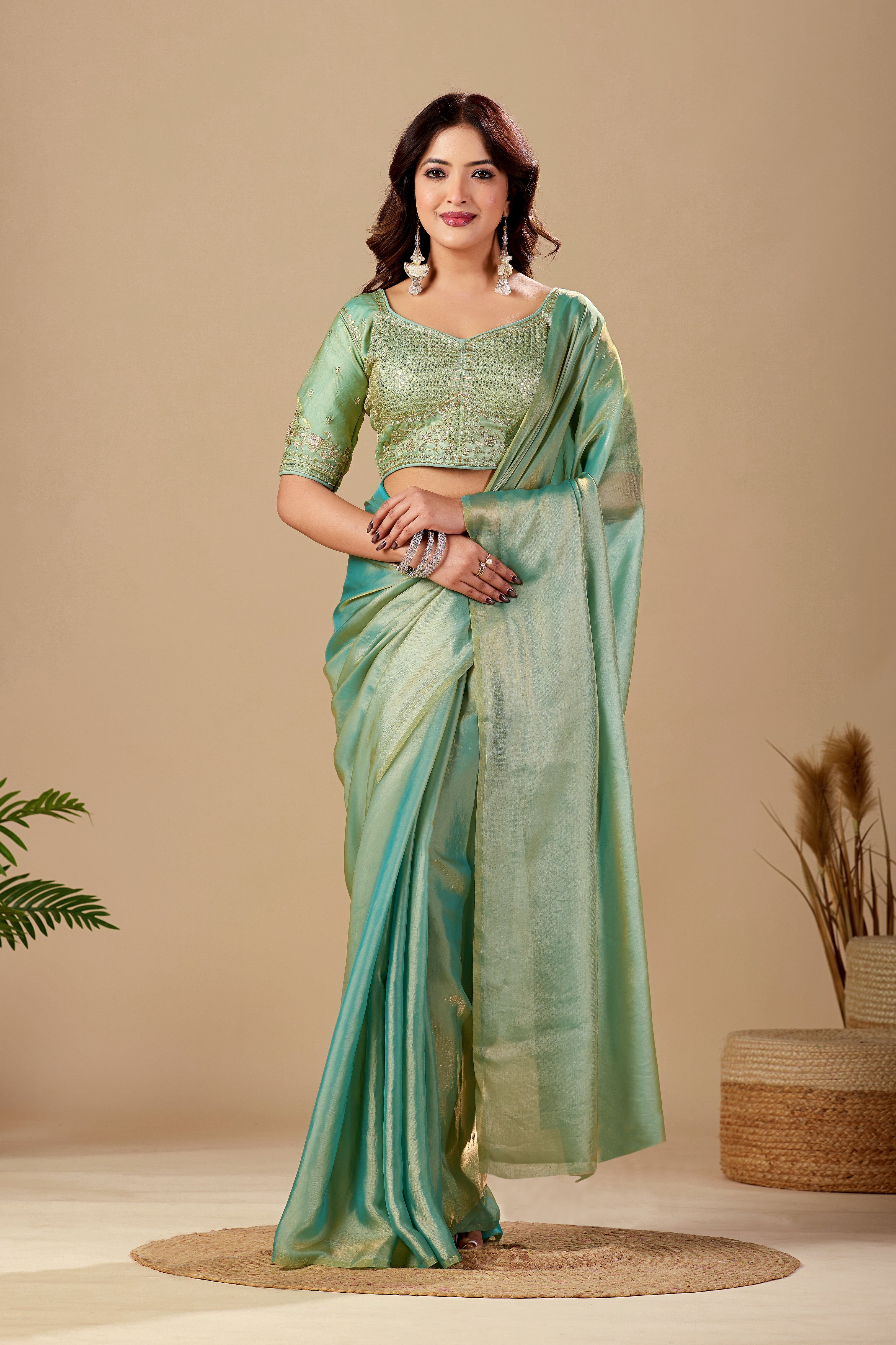 Shimmering Rama Green Tissue Silk Saree with Sequins Embroidered Blouse