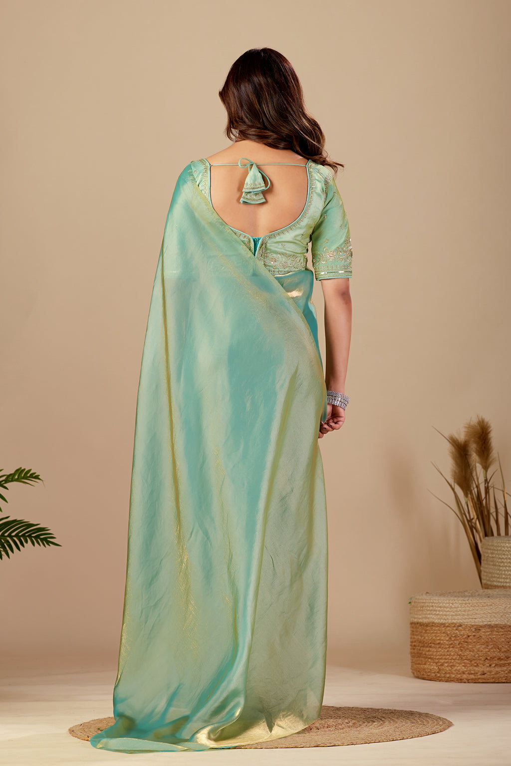 Shimmering Rama Green Tissue Silk Saree with Sequins Embroidered Blouse
