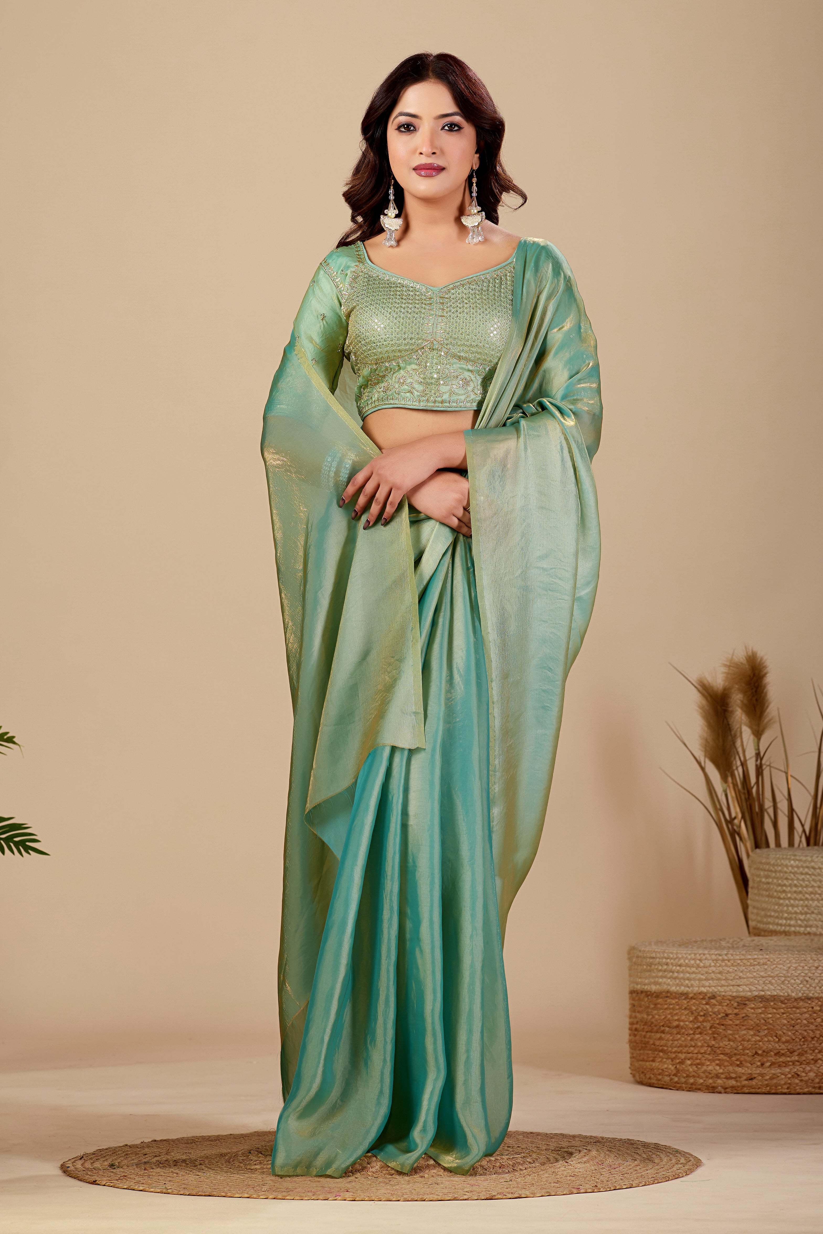 Shimmering Rama Green Tissue Silk Saree with Sequins Embroidered Blouse