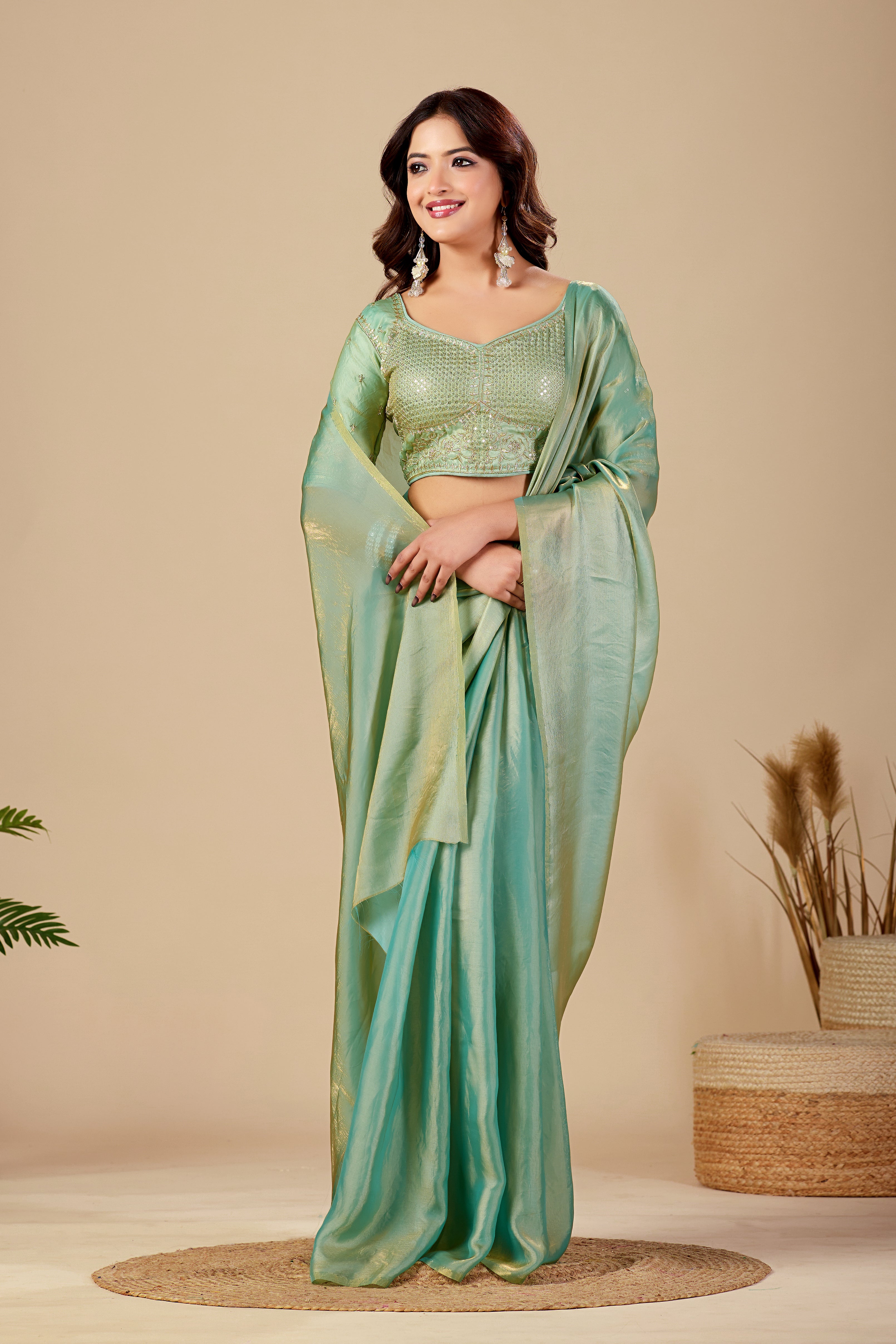 Shimmering Rama Green Tissue Silk Saree with Sequins Embroidered Blouse
