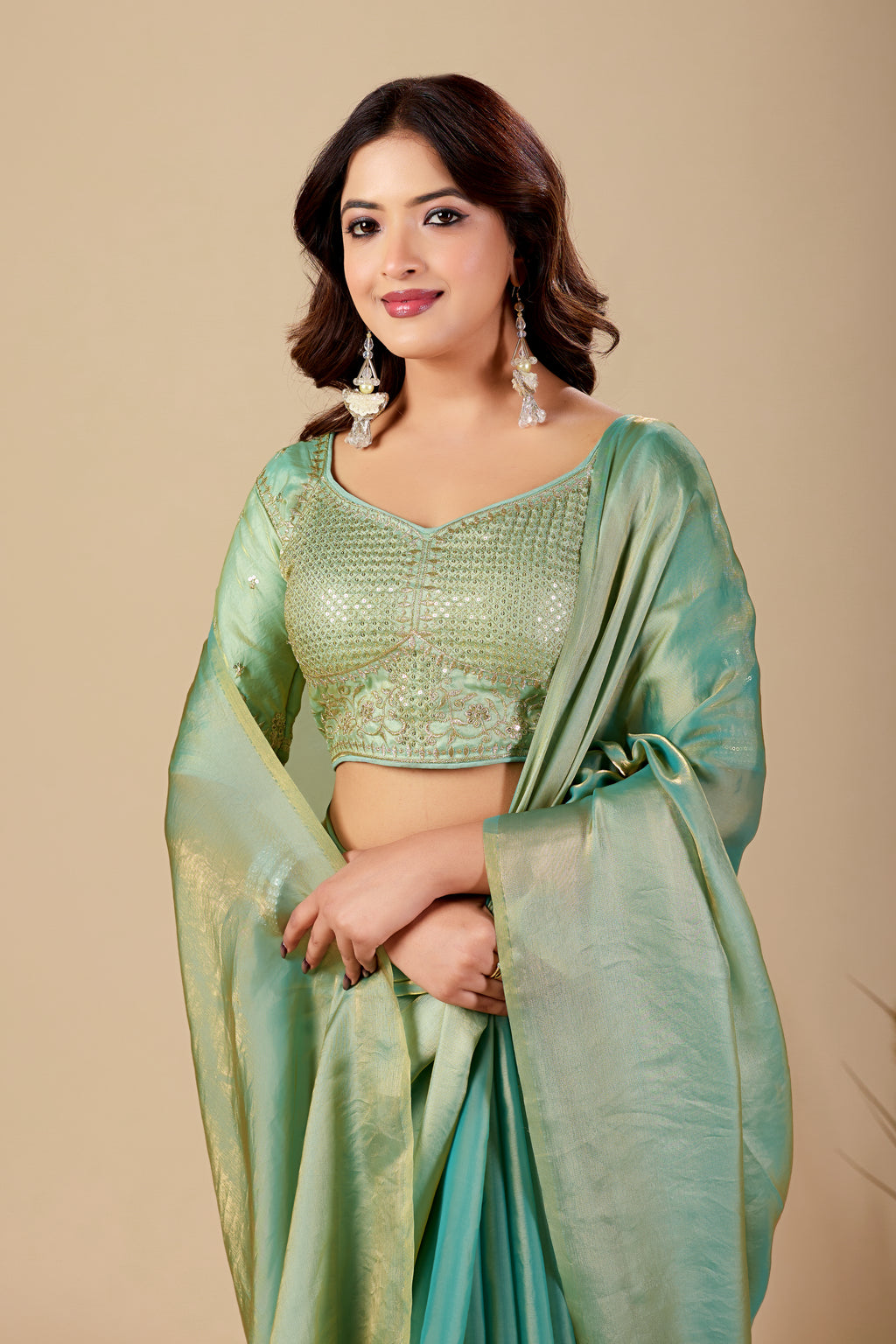 Shimmering Rama Green Tissue Silk Saree with Sequins Embroidered Blouse