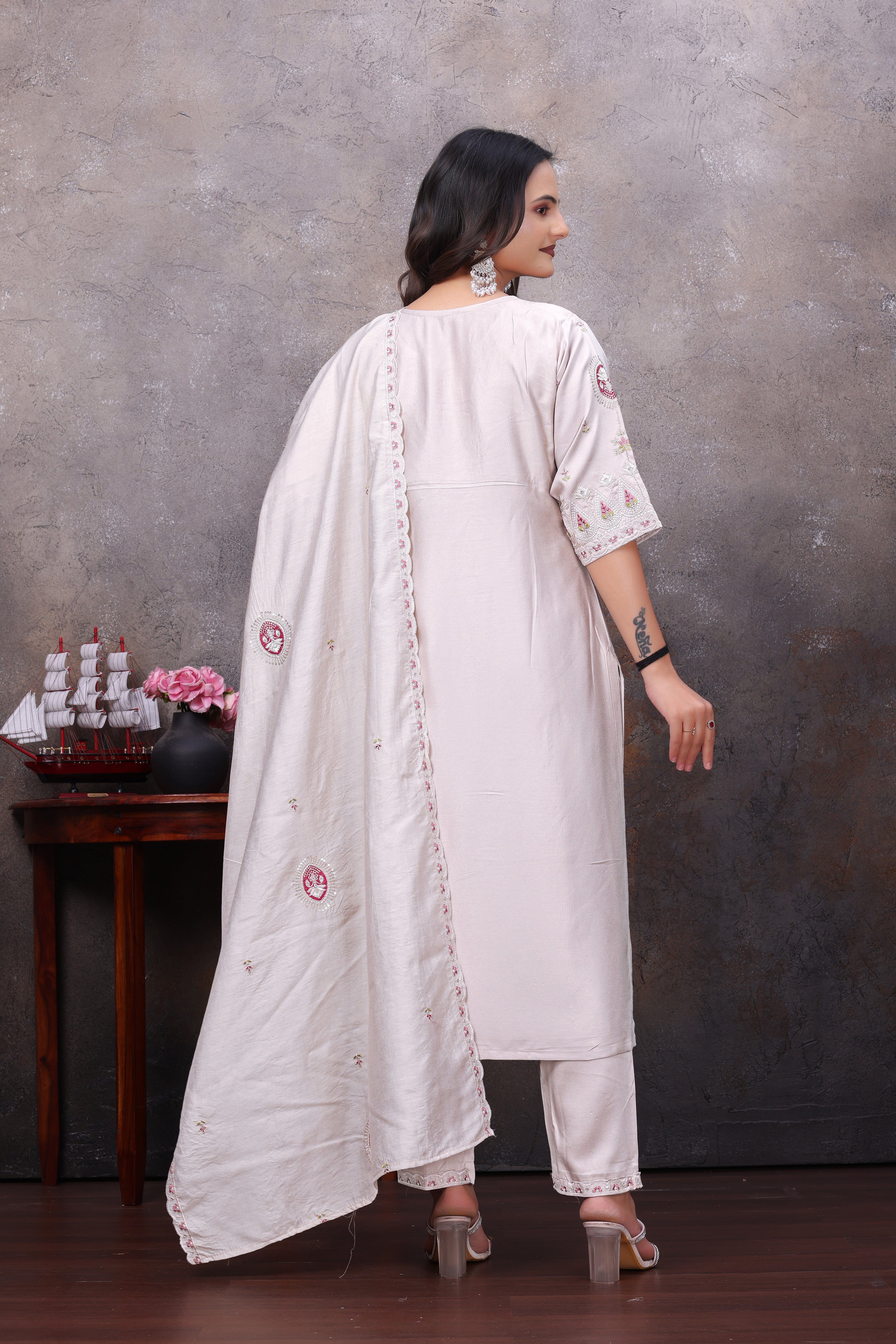 Ivory Embroidered Kurta Pant With Dupatta Set For Women
