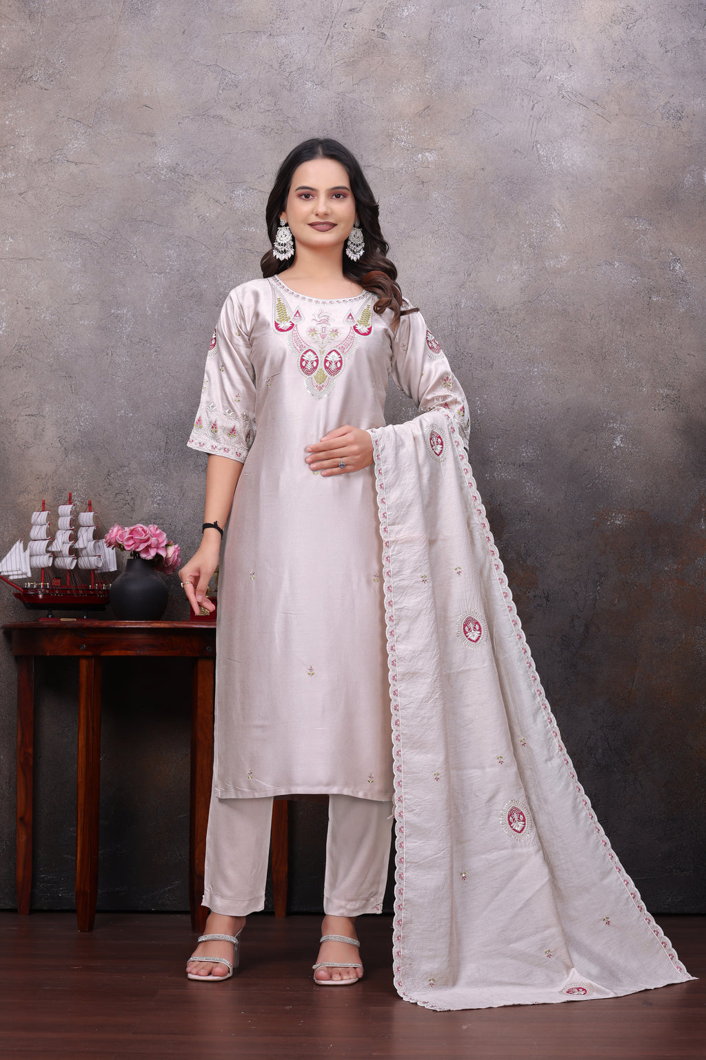 Ivory Embroidered Kurta Pant With Dupatta Set For Women