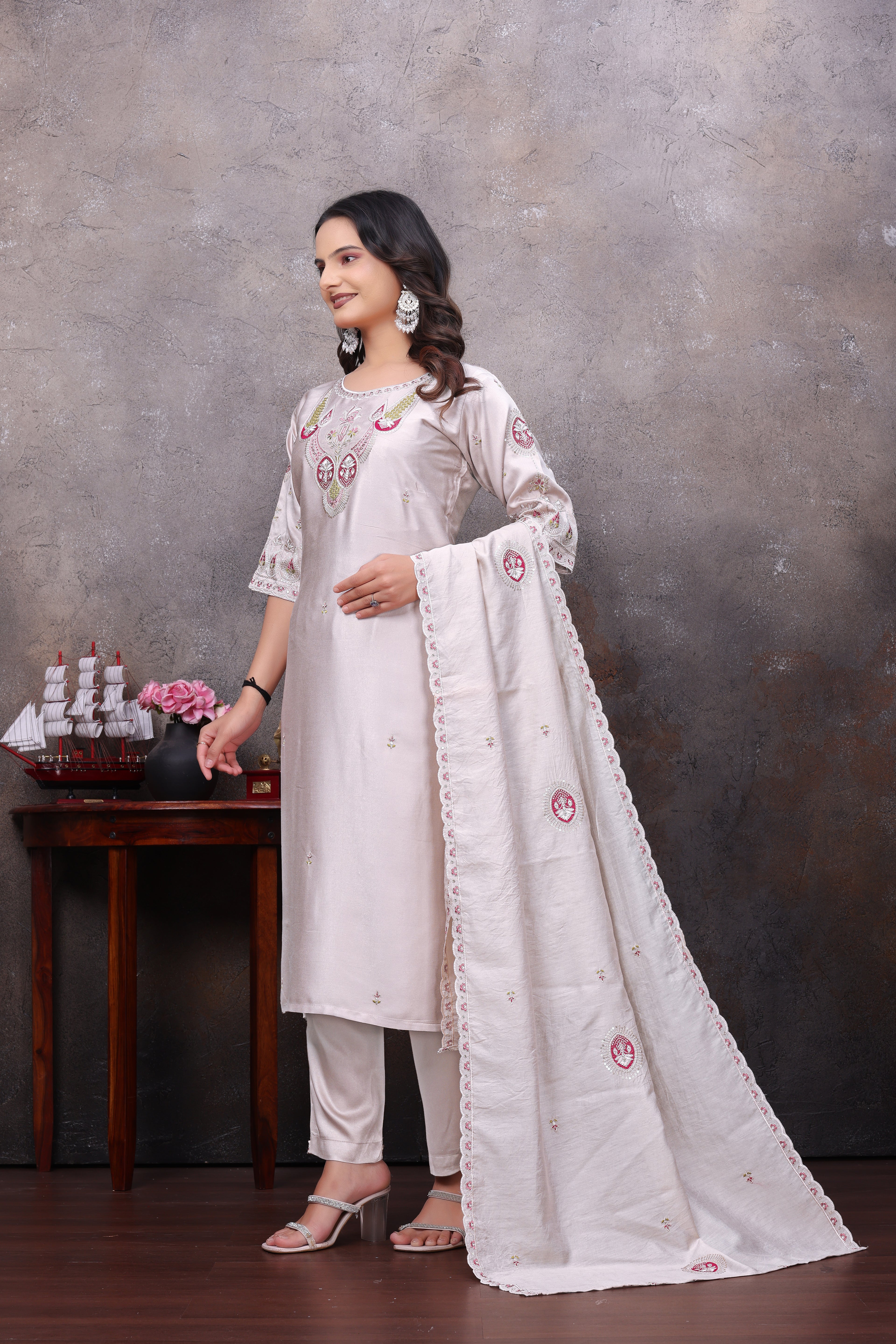 Ivory Embroidered Kurta Pant With Dupatta Set For Women
