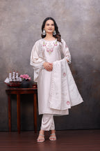 Ivory Embroidered Kurta Pant With Dupatta Set For Women