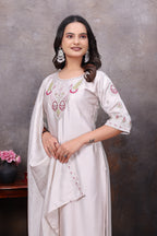 Ivory Embroidered Kurta Pant With Dupatta Set For Women