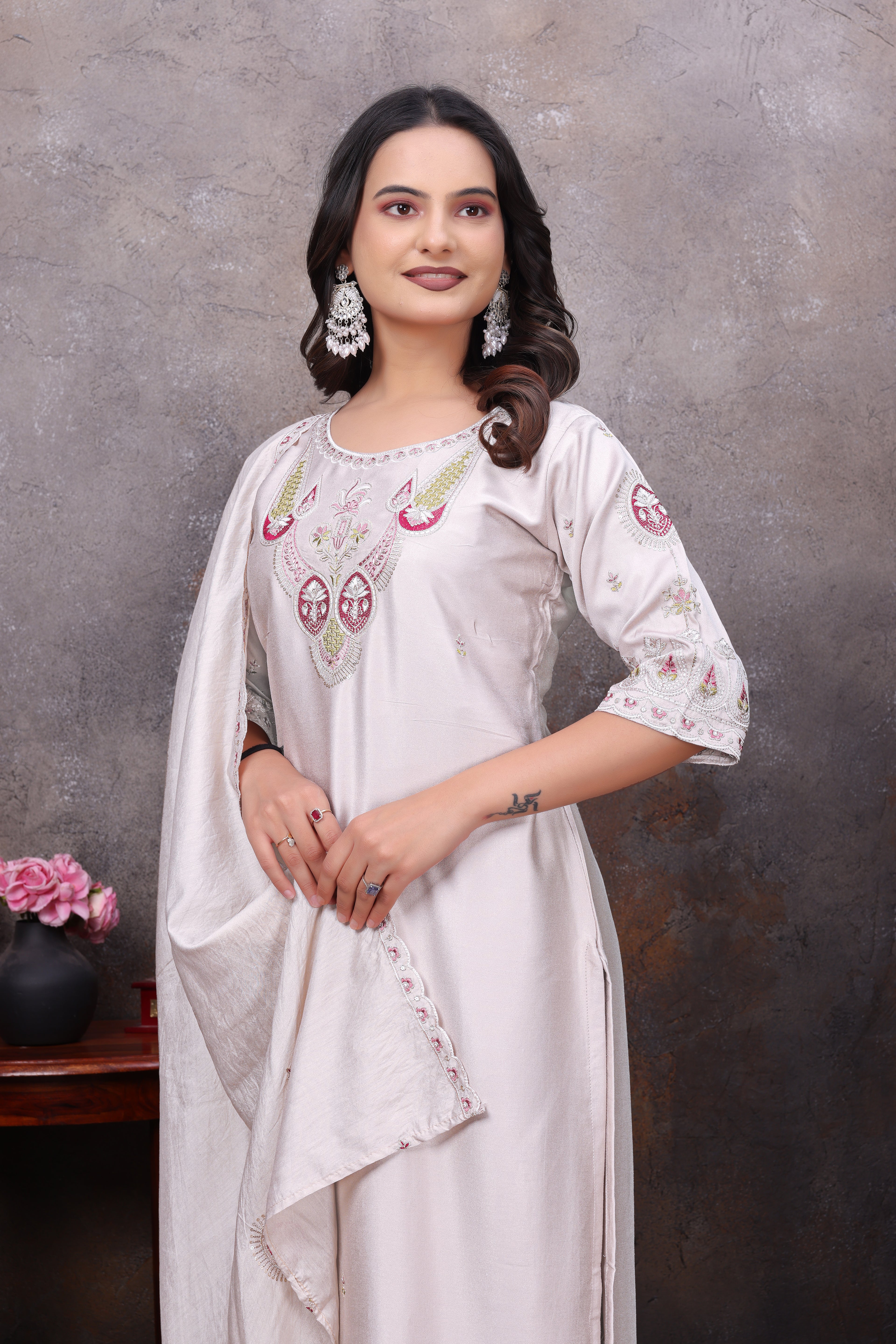 Ivory Embroidered Kurta Pant With Dupatta Set For Women