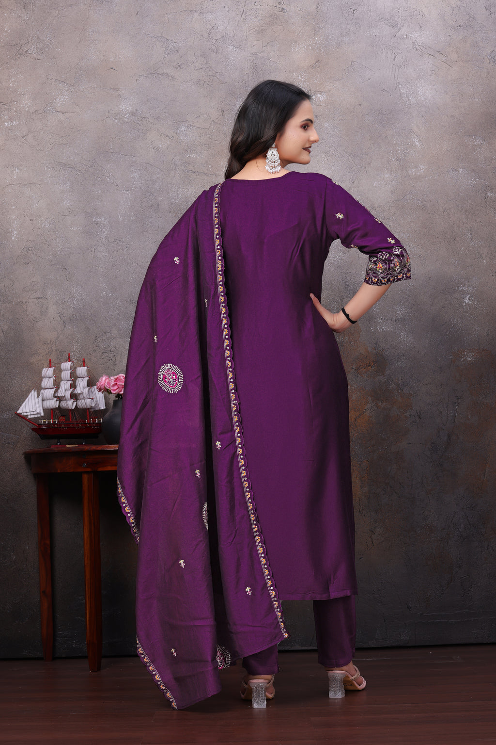 Wine  Embroidered Straight Kurta Pant With Dupatta Set For Women