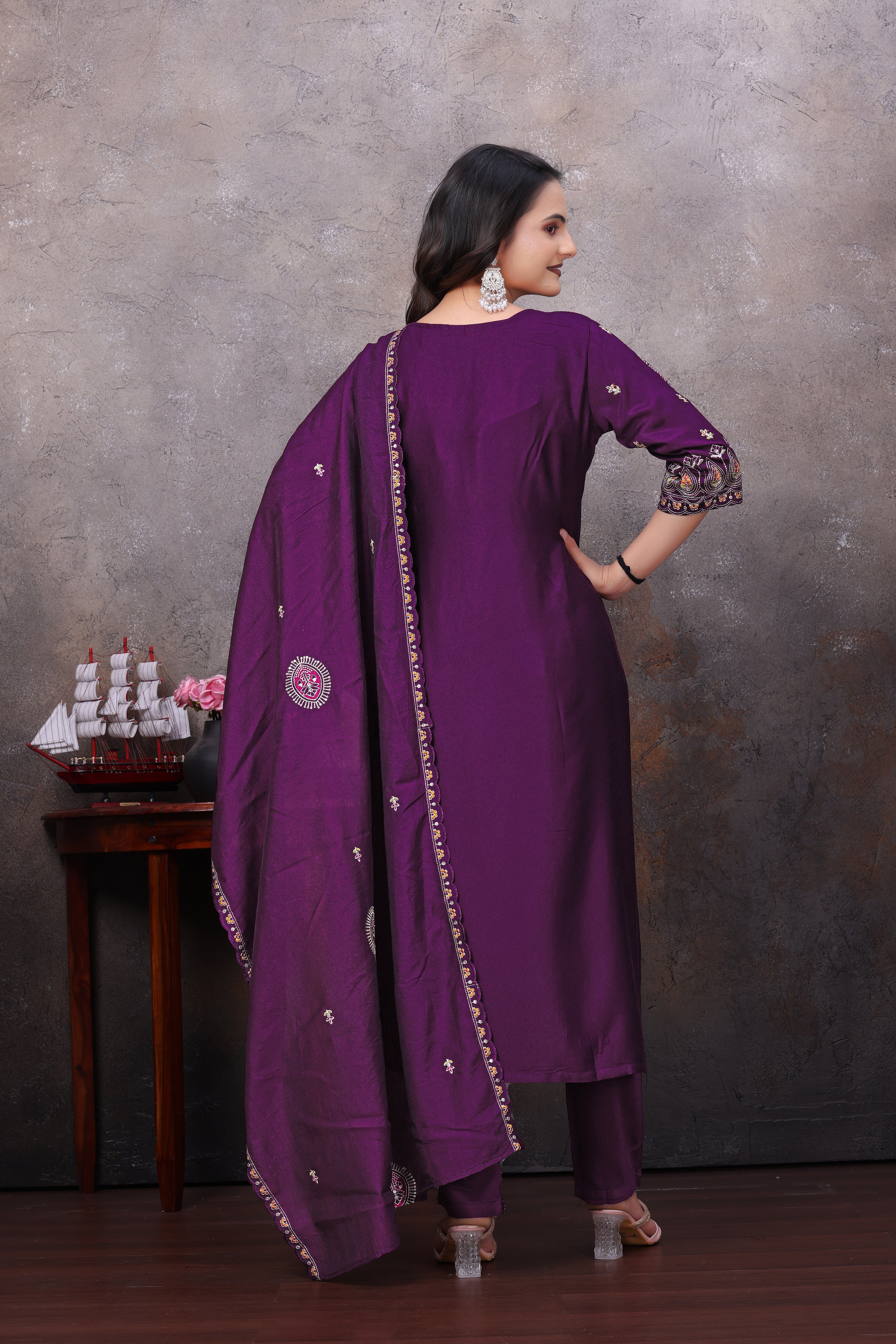 Wine  Embroidered Straight Kurta Pant With Dupatta Set For Women