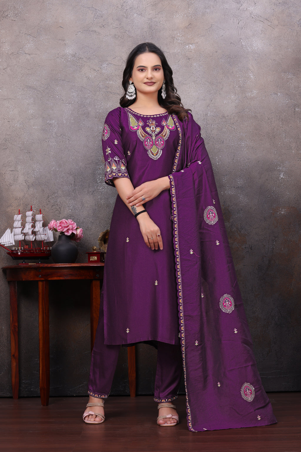 Wine  Embroidered Straight Kurta Pant With Dupatta Set For Women