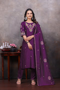 Wine  Embroidered Straight Kurta Pant With Dupatta Set For Women