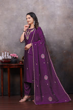 Wine  Embroidered Straight Kurta Pant With Dupatta Set For Women