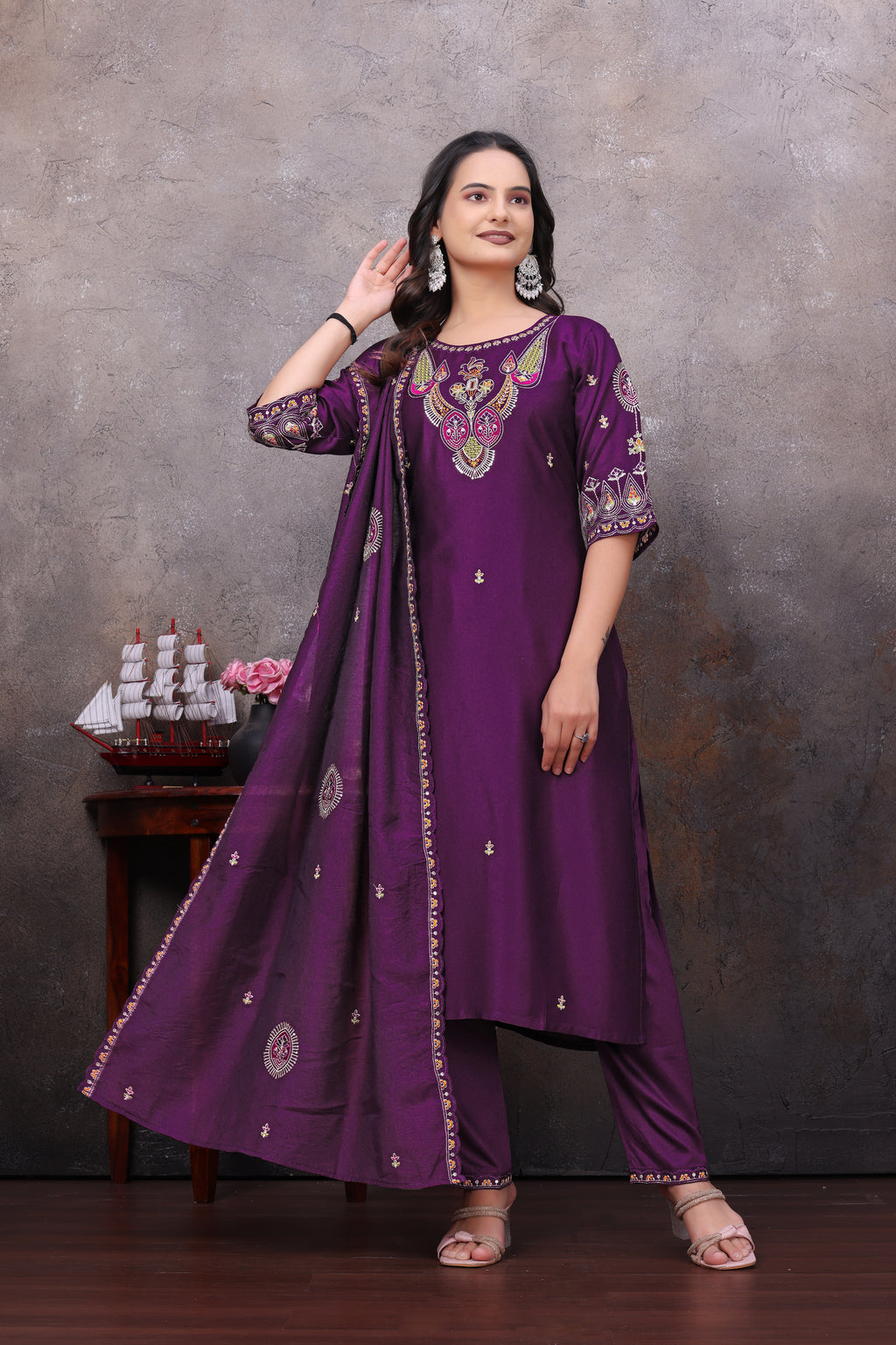 Wine  Embroidered Straight Kurta Pant With Dupatta Set For Women