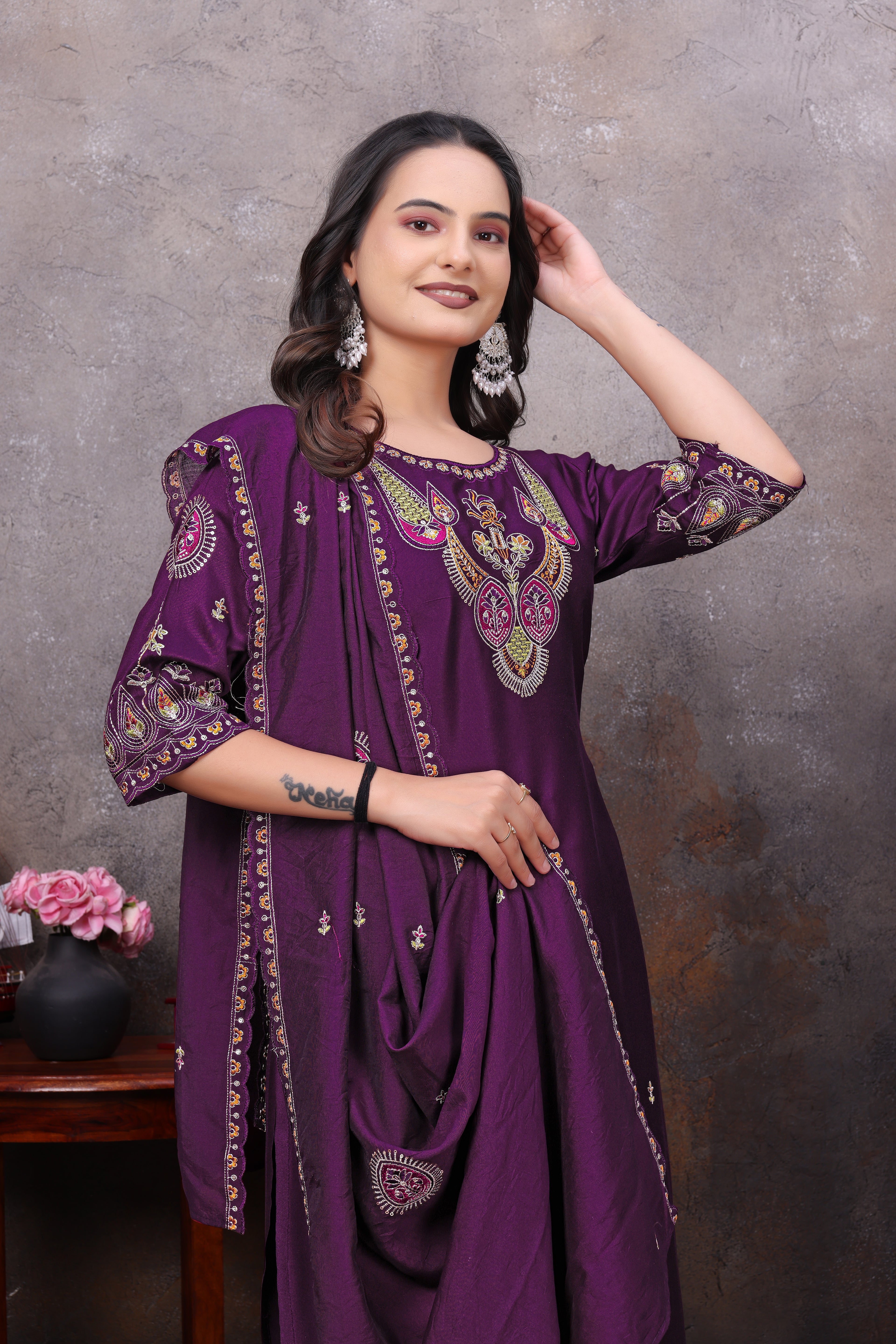 Wine  Embroidered Straight Kurta Pant With Dupatta Set For Women