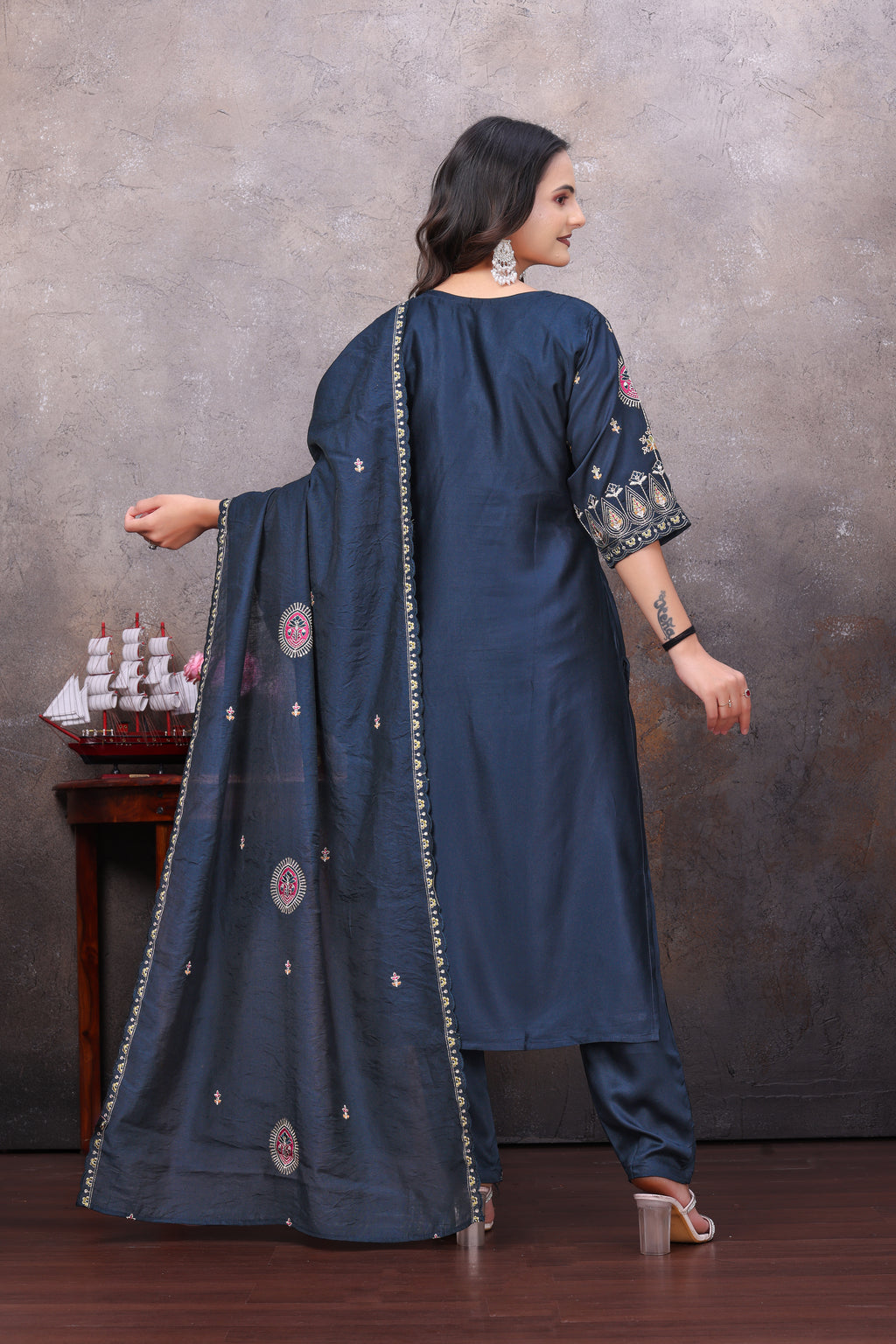 Elegant Navy Blue Silk Salwar Suit Set with Embroidered Dupatta