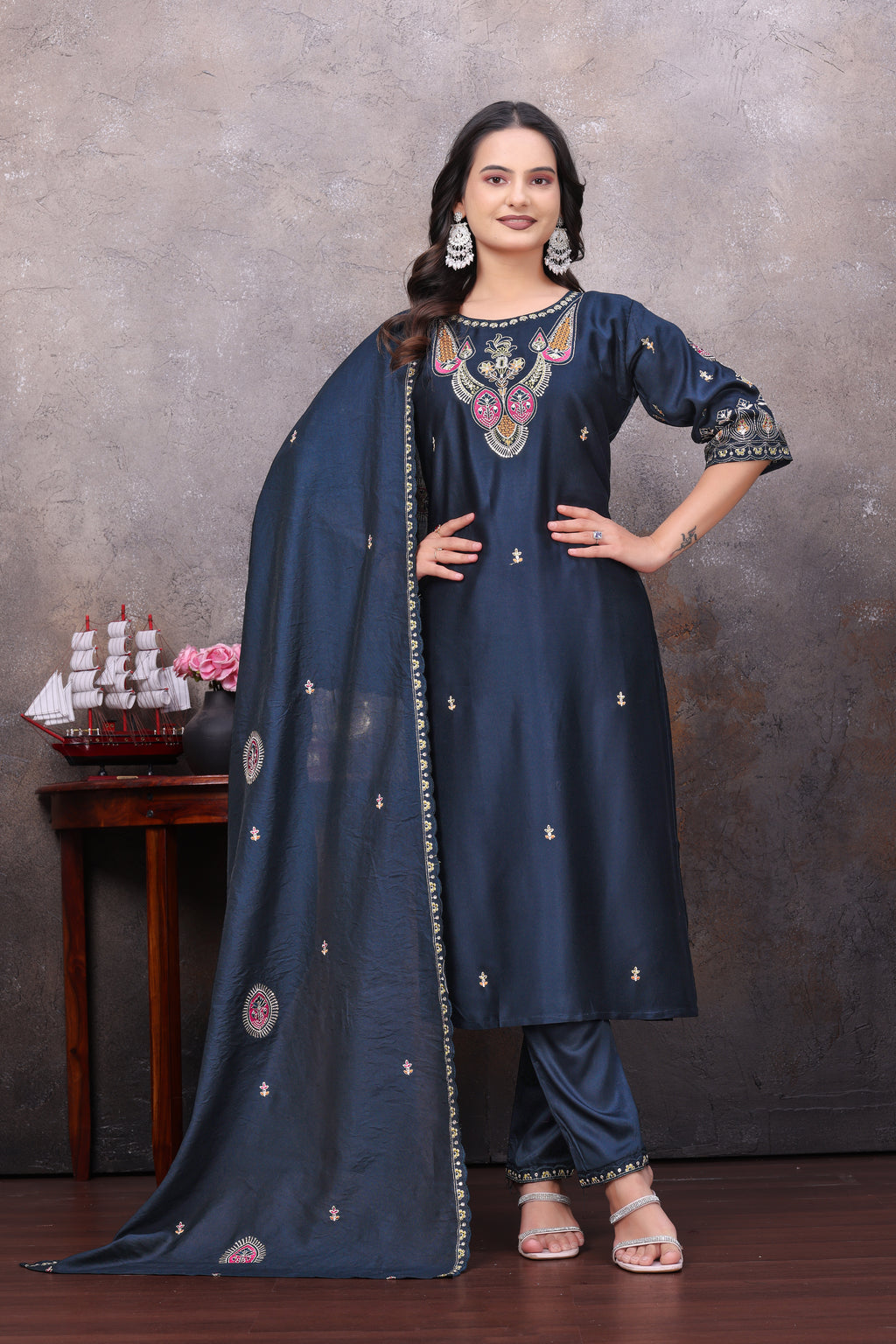 Elegant Navy Blue Silk Salwar Suit Set with Embroidered Dupatta