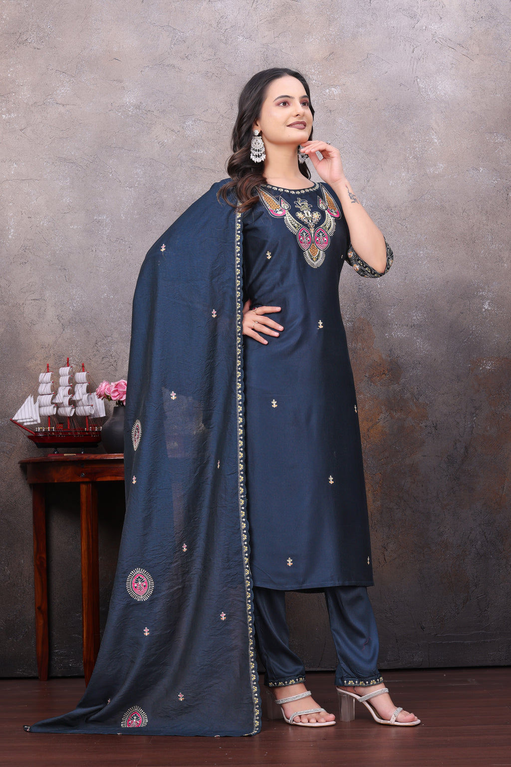 Elegant Navy Blue Silk Salwar Suit Set with Embroidered Dupatta